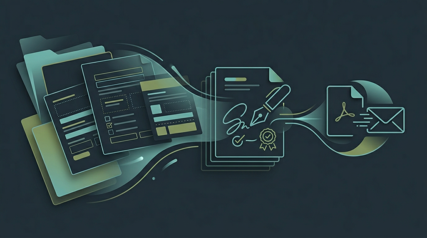 Illustration representing document template automation, digital signatures, and multi-format document generation